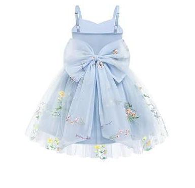 Arshiner Toddler Girls Tulle Tutu Dress with Bowknot Floral Embroidery for Birthday Princess Photoshoot Blue Floral 2-3T