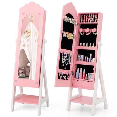 Tangkula Kids Jewelry Armoire Cabinet Freestanding Full Length Dressing Mirror with Large Capacity Pink/White