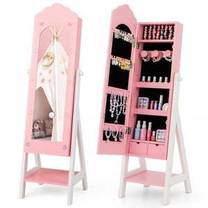 Tangkula Kids Jewelry Armoire Cabinet Freestanding Full Length Dressing Mirror with Large Capacity Pink/White - 1 of 4