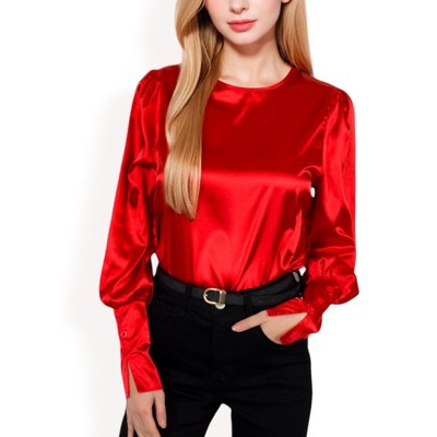 Anna-Kaci Women's Satin Long Sleeve Blouse with Buttoned Cuffs and Subtle Puff Shoulders