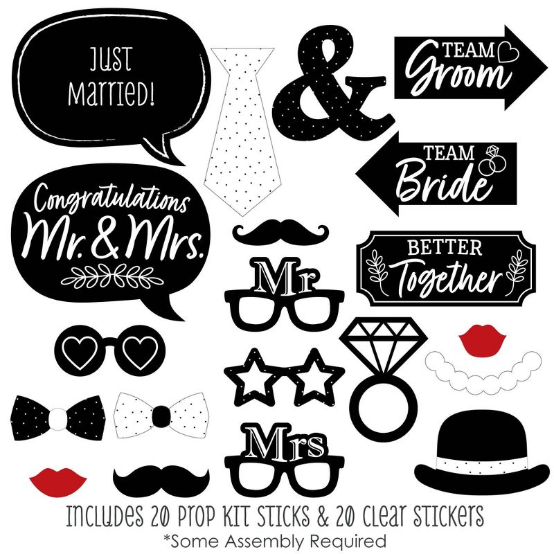 Big Dot of Happiness Mr. and Mrs. - Black and White Wedding or Bridal Shower Photo Booth Props Kit - 20 Count, 2 of 7