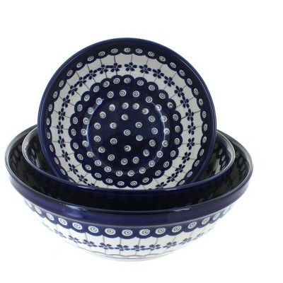 Blue Rose Polish Pottery Flowering Peacock 3-Piece Serving Bowl Set