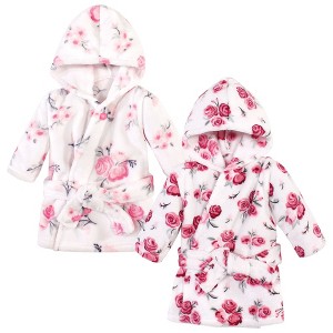 Hudson Baby Infant Girl 2Pc Plush Animal Face Bathrobe, Pink Floral Rose, 0-9 Months - 1 of 3