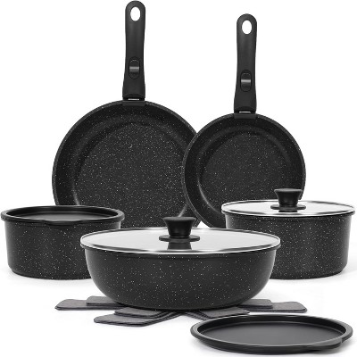 BRINJOY 15-Piece Nonstick Cookware Set with Removable Handles - Oven-Safe, Induction Compatible, Space-Saving Stackable Design (Black)