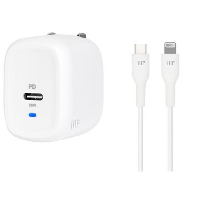Monoprice iPhone Pro Charging Bundle - MFi Certified 1.2m (4ft) Rapid Charge Cable and 20W 1-port PD GaN Technology Foldable Wall Charger White, Power