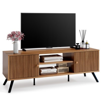 COMHOMA TV Stand for 55/60/65 Inch TVs, Retro Brown TV Console with Fluted Door Cabinets, Open Adjustable Shelve Storage