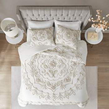 Madison Park - Violette 3 Piece Tufted Cotton Chenille Comforter Set - Ivory/Taupe - Full/Queen