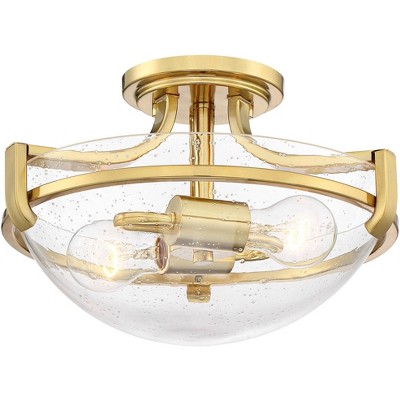 Regency Hill Modern Ceiling Light Semi Flush Mount Fixture Brass 13" Wide Clear Seedy Glass Bowl for Bedroom Kitchen Living Room