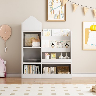 Wooden Kids Bookshelf Toy Storage Organizer with Bookcase, Kid's Bin Storage Unit with 6 Compartments 2 Baskets Bins Toys Box Organizer