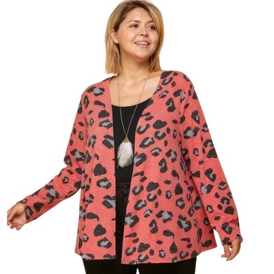 Slickblue Plus Size Animal Print Open Front Cropped Cardigan for Women, Long Sleeve, Red, Size 1XL-3XL