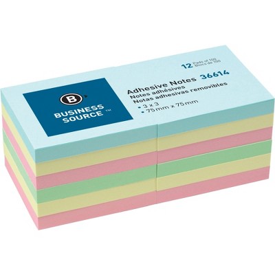 Business Source Adhesives Notes Plain 3"x3" 100 Sheets/PD 12/PK AST Pastel 36614