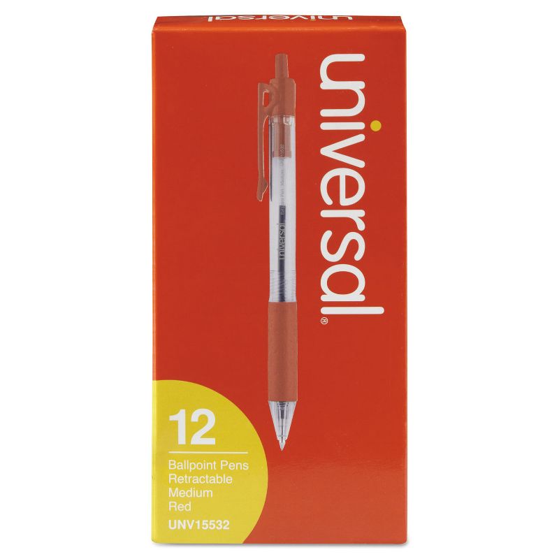 UNIVERSAL Economy Retractable Ballpoint Pen Red Ink Clear 1mm Dozen 15532, 1 of 9