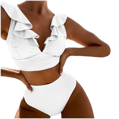 Bikini Set for Women V Neck High Waist Sporty Swimsuits Ruffled V Neck Split Swimsuit Summer Beach Sets