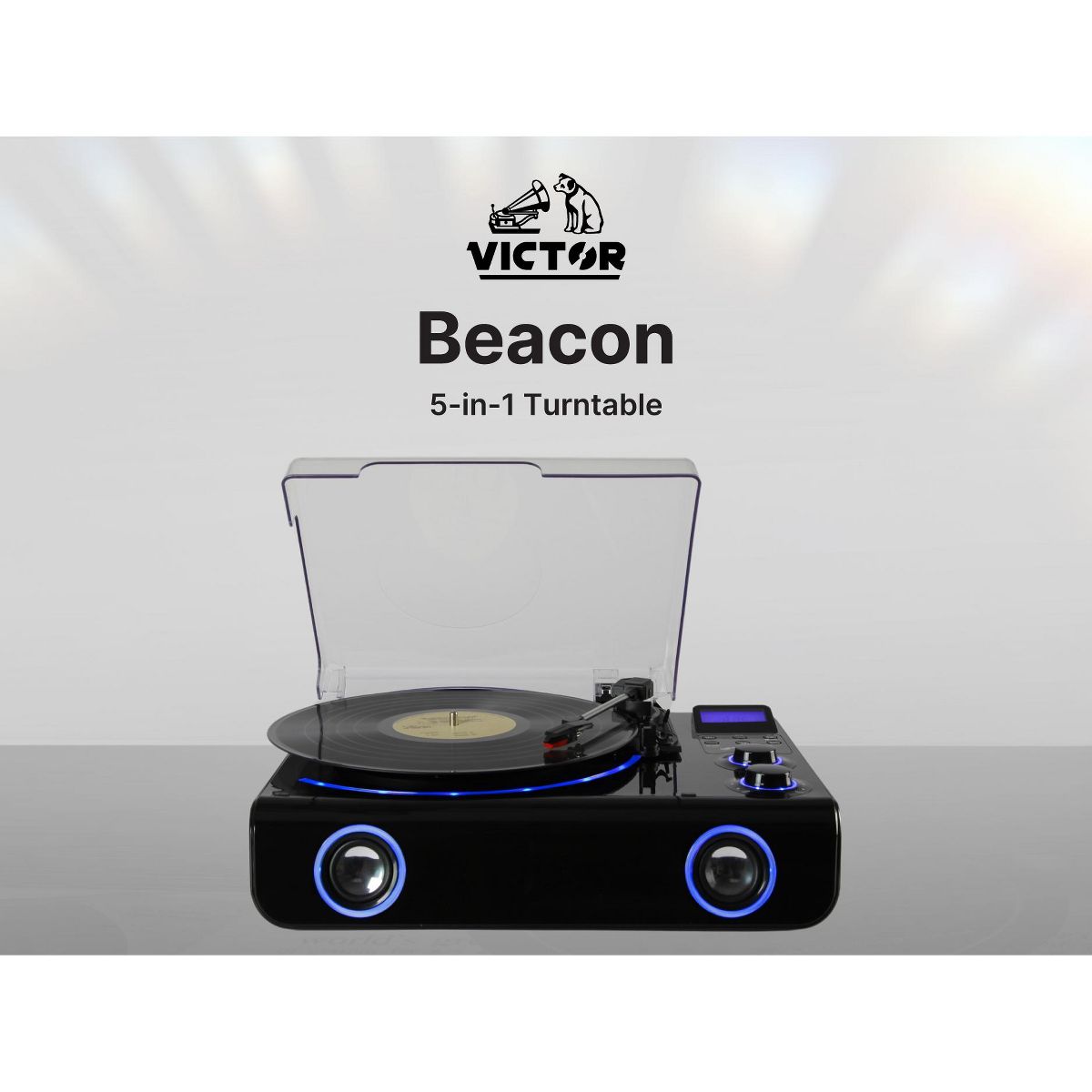 VICTOR Beacon 5-in-1 Turntable System with 3-Speed Record Player, FM Radio, Dual Bluetooth In & Out, Built-in Stereo Speakers, and Blue LED Accent