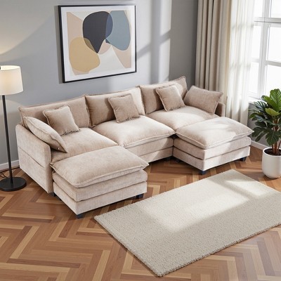 3-Seat U-Shaped Modern Cloud Couch - Chenille Modular Sectional with Deep Seat, 2 Ottoman & 4 Pillows for Home/Apartment Spaces