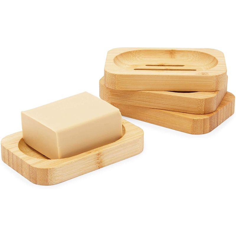 Okuna Outpost 4 Pack Bamboo Soap Dish with Drain, Bathroom Decor (4.7 x 3.1 x 0.67 in, 4 Pack), 3 of 6