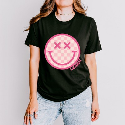 Simply Sage Market S.W.Smiley Pink Checker Smiley Face Short Sleeve Tee - S - Black