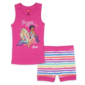 Barbie Girls' Princess Vibes Characters Sleep Pajama Set Tank Top Shorts Pink - 1 of 4