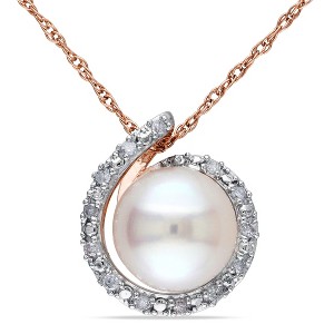 EVERLY JEWELRY | 10K Rose Gold 8 - 8.5 MM Cultured Freshwater Pearl and Diamond Swirl Halo Necklace - 17 inch - 1 of 4