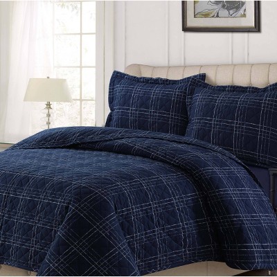 Queen Oxford Plaid 3pc Oversized Quilt Set Navy - Tribeca Living