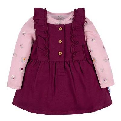 Image of Gerber Baby Girls' Jumper & Top Set - Purple Floral - 0-3 Months - 2-Piece