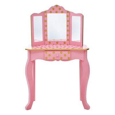 Pink and Gold Polka Dot Kids Vanity Set with Bench