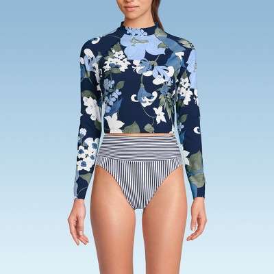 Lands' End Women's Long Sleeve Mock Neck Cropped UPF 50 Sun Protection Rash Guard