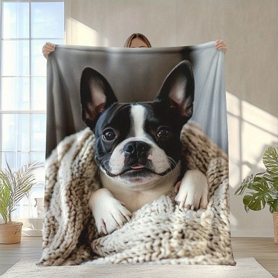 Boston Terrier Print Flannel Blanket Soft Warm Chunky Knit All-Season Christmas Gift.