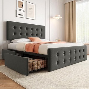 Bed Frame with 4 Storage Drawers & Adjustable Headboard - PU Leather Upholstered Platform Bed, Button Tufted Design - 1 of 4