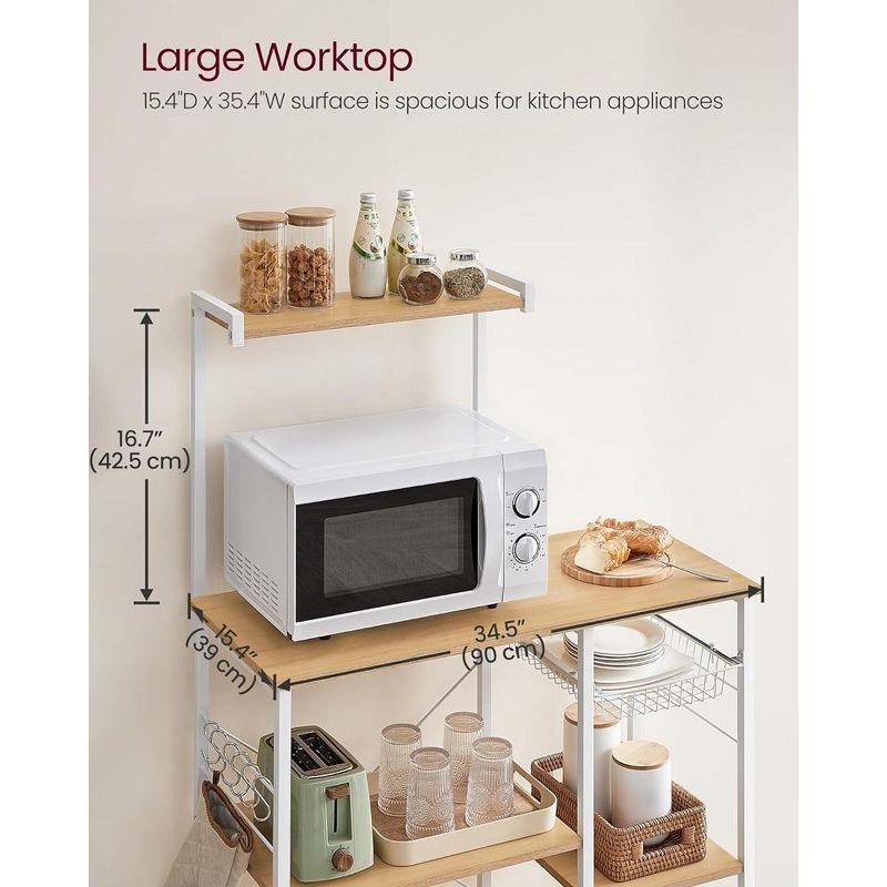 VASAGLE Baker's Rack Microwave Stand Kitchen Storage Rack with Wire Basket 6 Hooks & Shelves for Spices Pots & Pans, 5 of 8