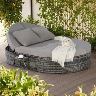 Outdoor Patio Rattan Round Daybed Sunbed with Adjustable Backrests and Foldable Cup Trays