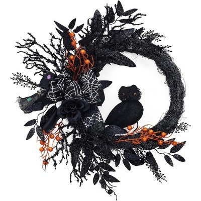 20 Inch Halloween Owl Wreath, Halloween Garland with Natural Vines and Black Artificial Roses