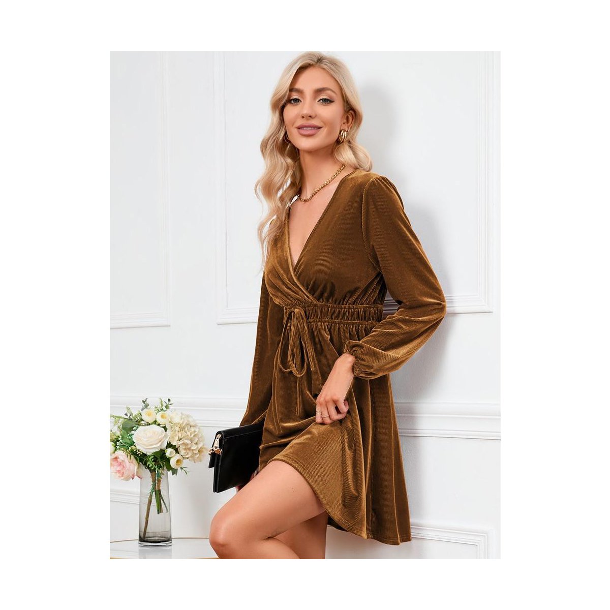 Женские платья Garvee Women's Velvet Dress Wrap V Neck Pleated Waist Long Sleeve Casual Party Skater Dresses Brown XL — фото 2