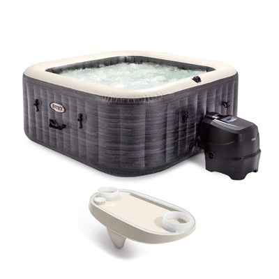 Intex PureSpa Plus Greystone Inflatable Square Outdoor Hot Tub Spa, 83x28" and Tray Attachment Accessory for Mobile Tablet Phones with LED Light Strip