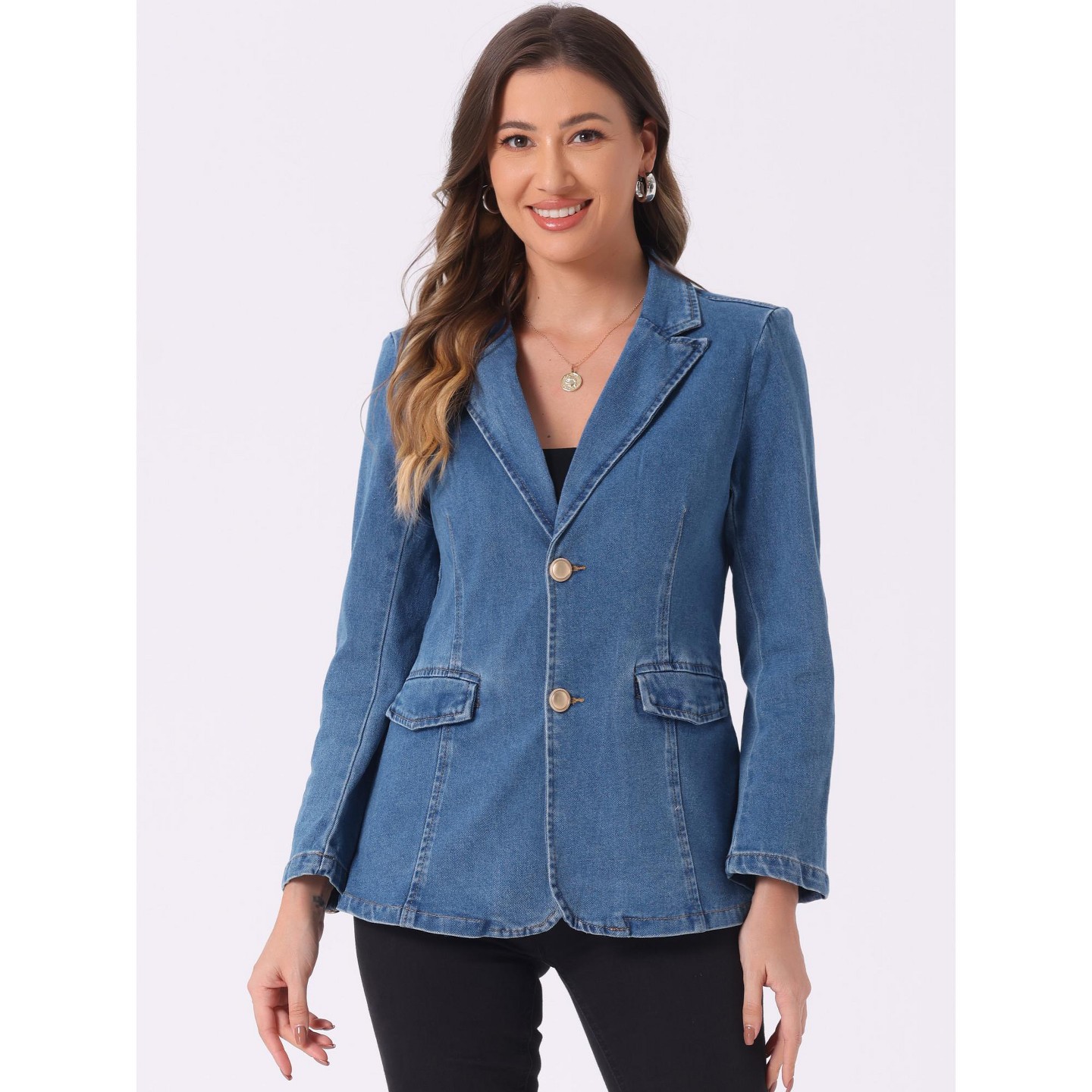 Женский пиджак INSPIRE CHIC Notched Lapel Denim Single Breasted Shoulder Pad Business Casual Blazer Medium Light Blue, цвет: Джинсовый — фото 2