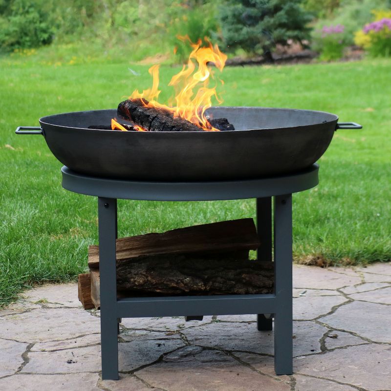 Sunnydaze Outdoor Camping or Backyard Cast Iron Round Fire Pit with Built-In Log Rack - 30" - Dark Gray, 2 of 9