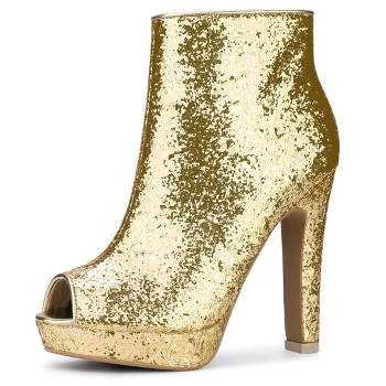 Allegra K Women's Glitter Platform Chunky Heeled Open Toe Ankle Boots
