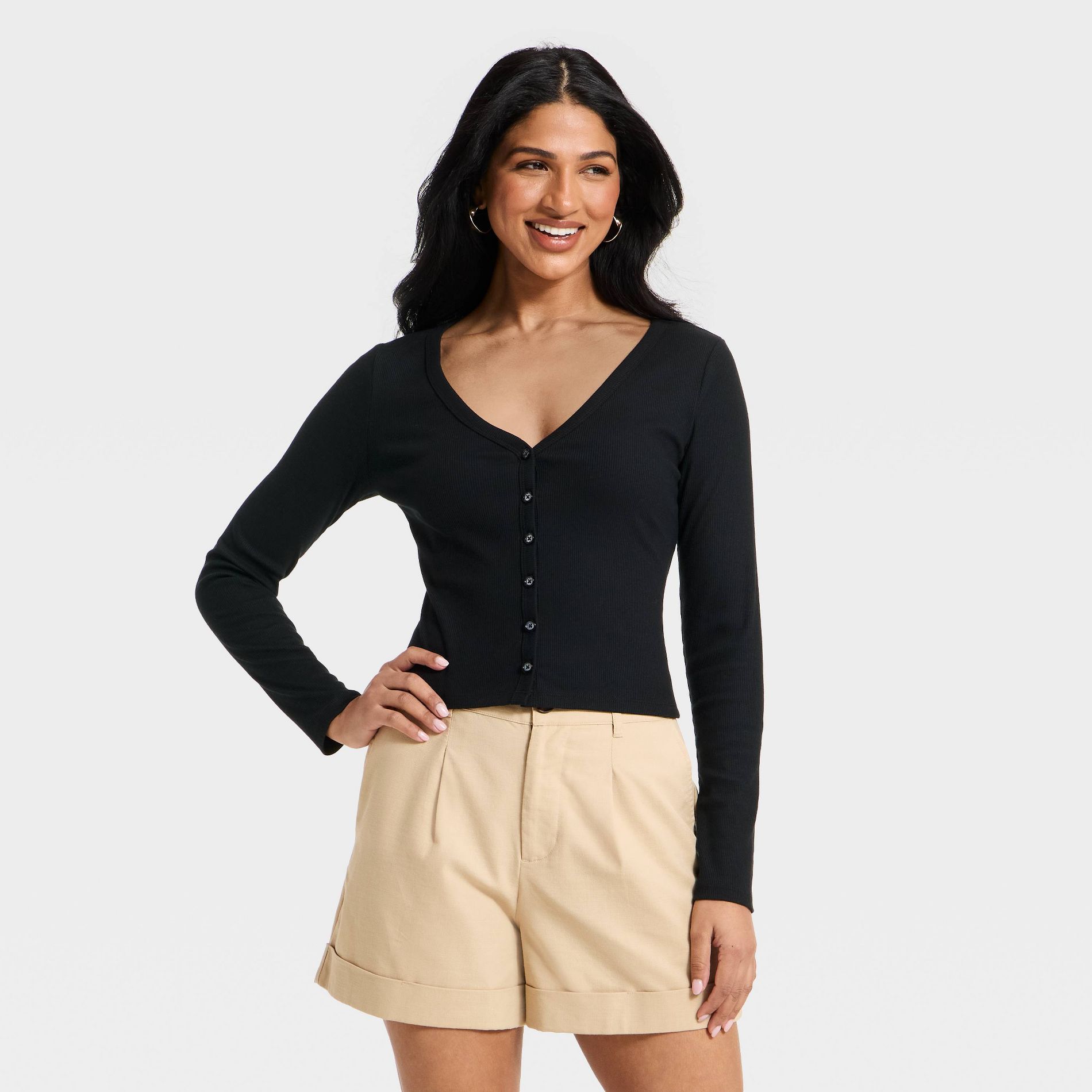 Women's Ribbed Short Button-Up Knit Cardigan - A New Day™