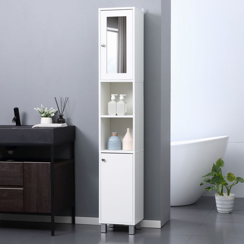 kleankin Tall Bathroom Storage Cabinet with Mirror, Wooden Freestanding Tower Cabinet with Adjustable Shelves, for Bathroom, or Living Room, White, 4 of 8