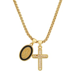 Steeltime Ladies brass & black enamel Our Lady of Guadalupe and simulated diamond cross pendant charms. Color Options: White, Gold - 1 of 4