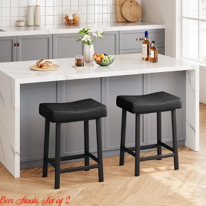Dining Room Counter Height Bar Stools Set of 2, 24 Inch PU Leather Barstools w/ Heavy Duty Metal Legs, Thick Saddle Seats Breakfast Stools - 1 of 4