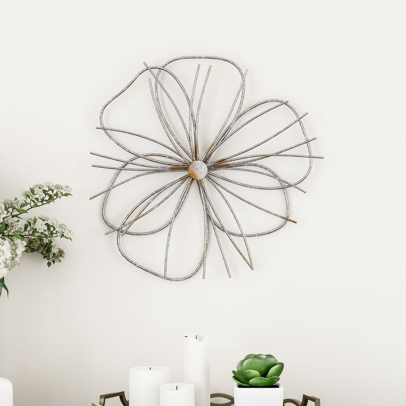 Wall Decor - Metallic Layered Wire Flower Sculpture - Contemporary Hanging Accent for Living Room, Bedroom, or Kitchen by Lavish Home (Silver/Gold), 2 of 8