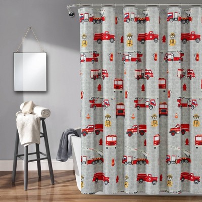 72"x72" Make A Wish Fire Truck Shower Curtain Single Gray/Red - Lush Décor