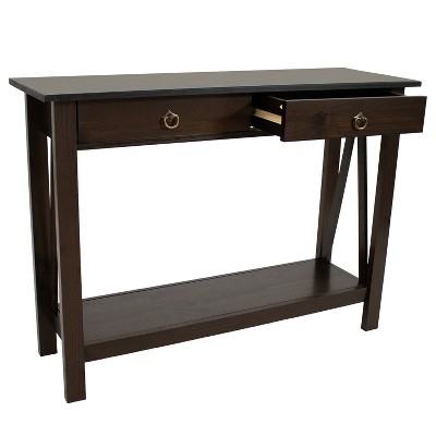 Sunnydaze Dark Brown Pine Wood Console Table with Drawers and Shelf