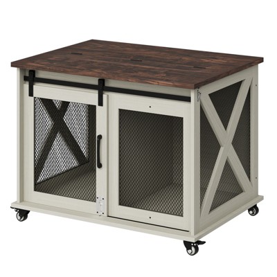 Orieon 37-Inch Dog Crate Furniture Table with Flip-Top Lid & Movable Divider, Wooden Dog Kennel with 4 Wheels