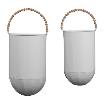 Set of 2 White Metal Wall Hanging Planters with Wood Bead Hangers - Foreside Home & Garden