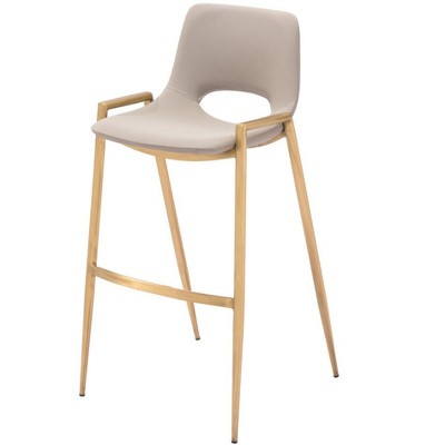 HomeRoots Set of Two 30" Beige And Gold Faux Leather And Steel Low Back Bar Height Bar Chairs