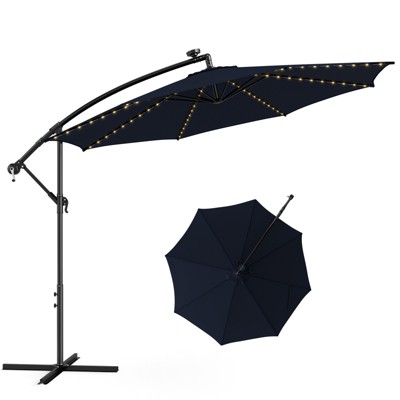 Tangkula 10FT Solar Offset Umbrella Tilted Cantilever Hanging Umbrella with 112 LED Lights Patio Sun Shade with Crank Handle Beige/Coffee/Navy/Wine