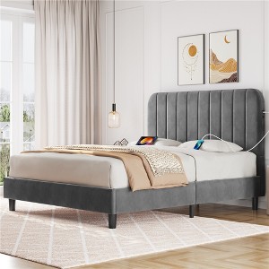 Yaheetech Upholstered Platform Bed Frame with Square Tufted Fabric Headboard - 1 of 4