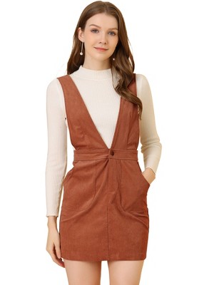 INSPIRE CHIC Women's V-Neck Corduroy Strap Back Overall Mini Pinafore Dress